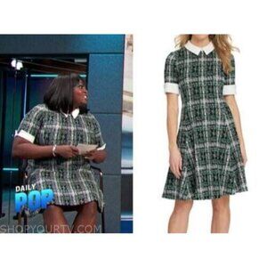 DKNY Dress Women 16 Green Tweed Plaid Sheath Midi Collared Zipper Sleeve Cotton